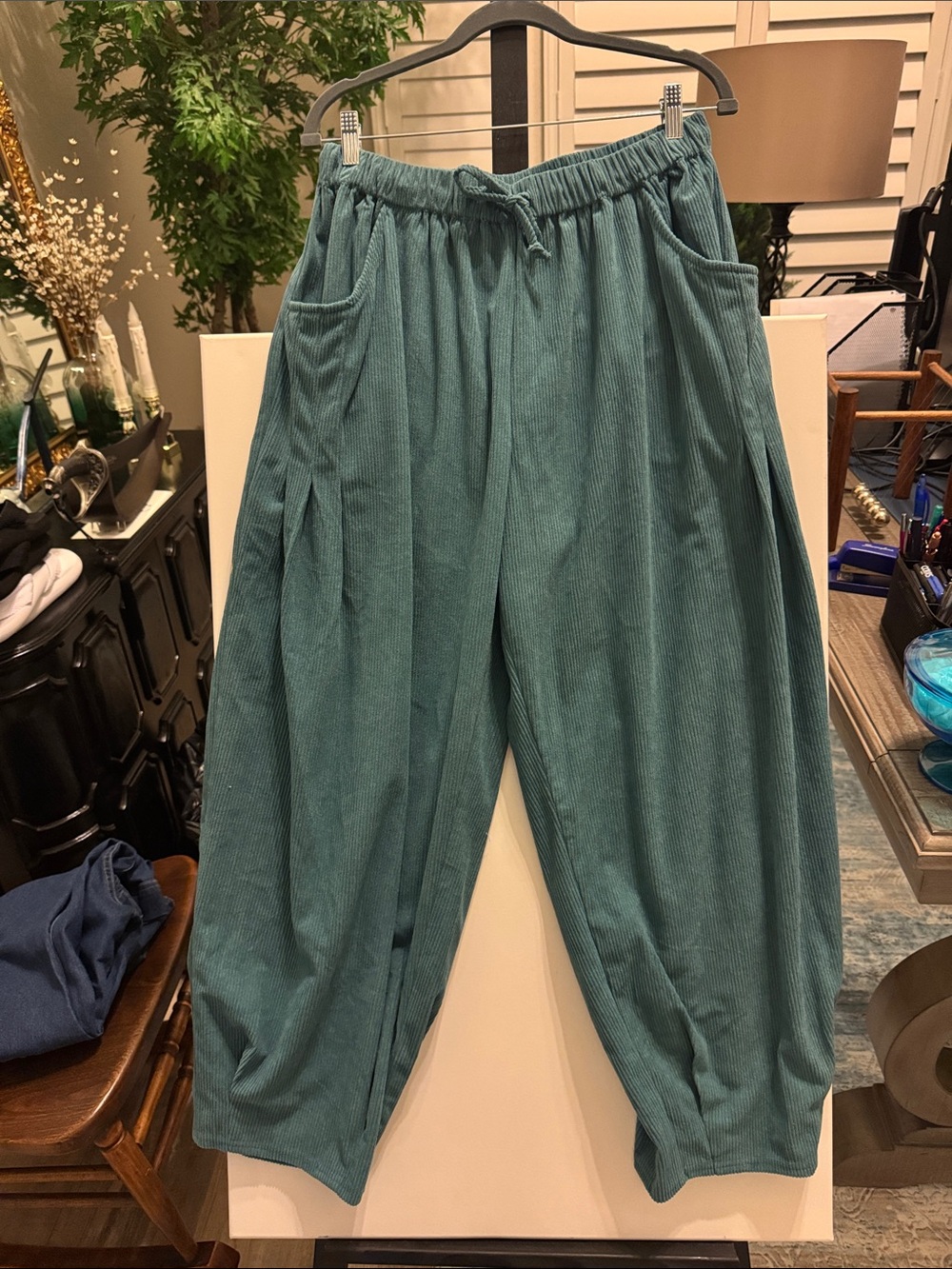 Casual Womens Elastic-Waist Corduroy Lounge Pants in Teal